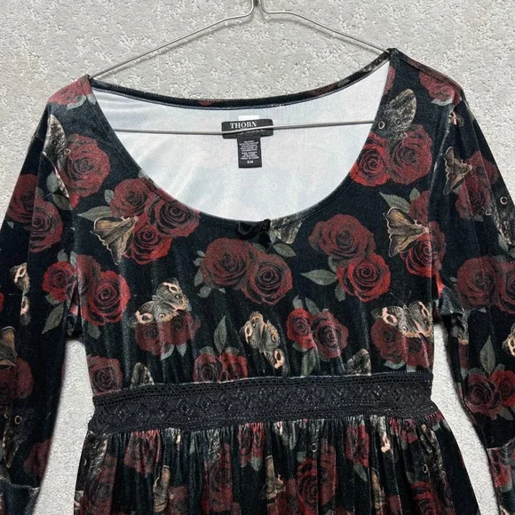 Thorn & Fable Dress Womens SM Velvet Bell Sleeve Mini Dress Rose Butterfly Print - Picture 2 of 15